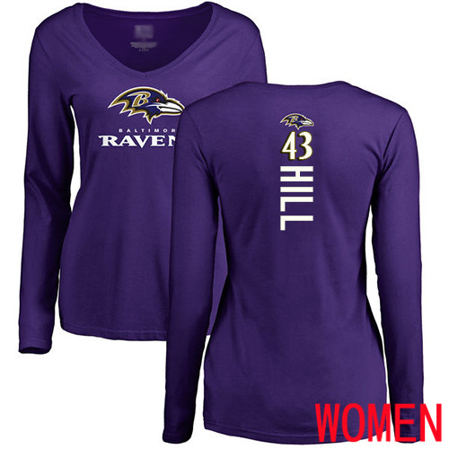 Baltimore Ravens Purple Women Justice Hill Backer NFL Football #43 Long Sleeve T Shirt